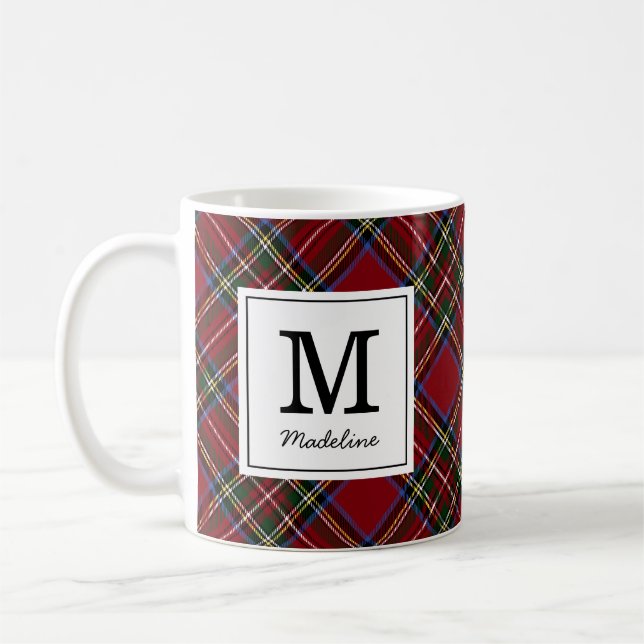 Classic Red Tartan Holiday Monogram Coffee Mug (Left)