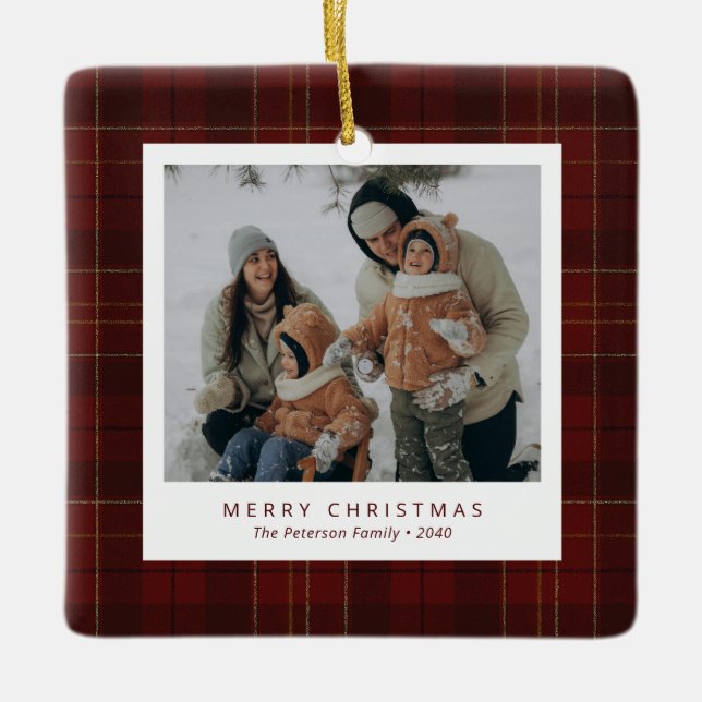 Classic Red Tartan Plaid Family 4 Photo Holiday Ceramic Ornament (Front)