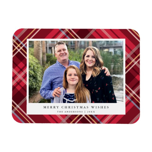 Classic Red Tartan Plaid Frame | Holiday Photo Magnet (Horizontal)