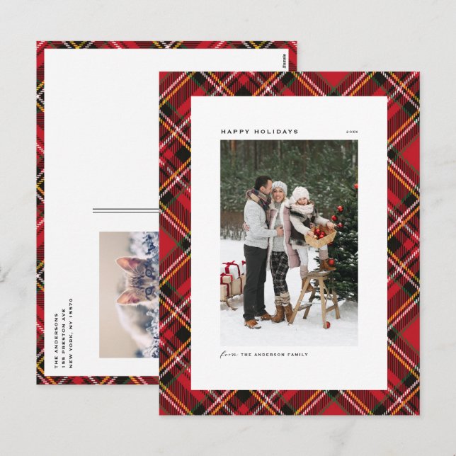 Classic Red Tartan Plaid Pattern Photo Holiday Postcard (Front/Back)