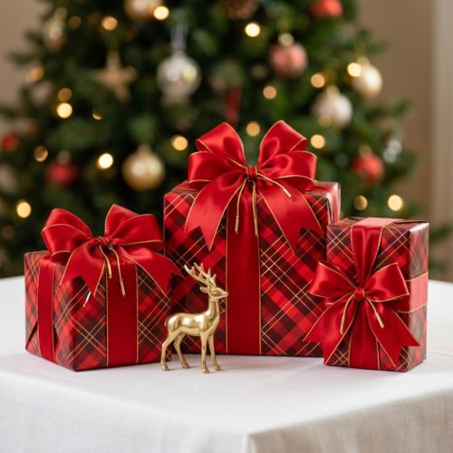 Classic Red Tartan plaid with gold. Christmas Wrapping Paper Sheets