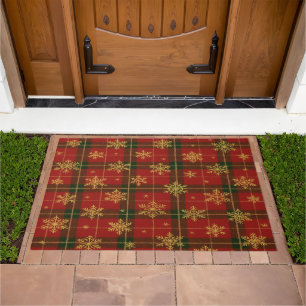 Classic Red Tartan with Golden Snowflakes Doormat