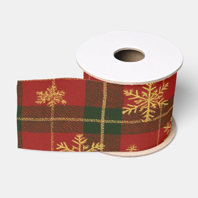 Classic Red Tartan with Golden Snowflakes Grosgrain Ribbon (Spool)
