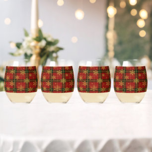Classic Red Tartan with Golden Snowflakes Stemless Wine Glass