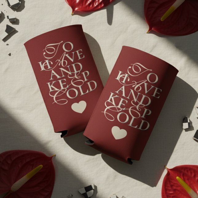 Classic Red To Have and to Keep Cold Wedding Favor Seltzer Can Cooler (Add a charming and practical touch to your celebration with this Old Money Bold Red Can Cooler!)