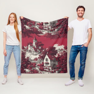 Classic Red Toile with Pastoral French Scenes Fleece Blanket