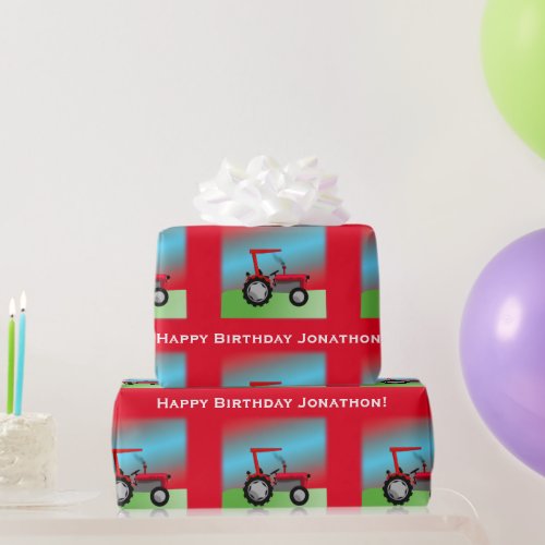 Classic Red Tractor Happy Birthday Name Wrappin Wrapping Paper