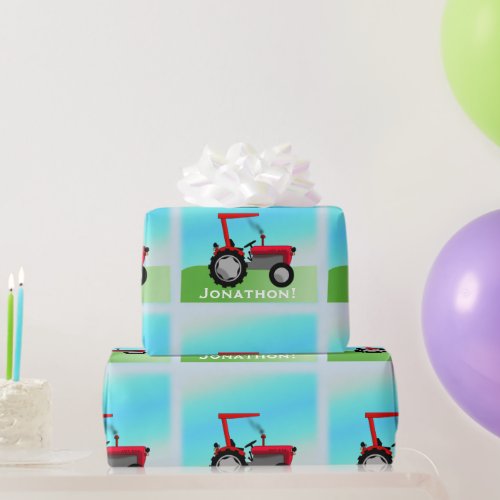 Classic Red Tractor Happy Birthday Name Wrapping Paper