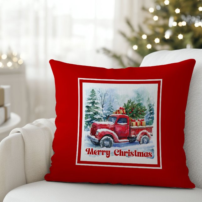 Classic red truck Christmas scene rustic holiday  Throw Pillow (Bring timeless holiday charm into your home with this beautifully illustrated watercolor Christmas r)