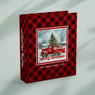 Classic red truck Christmas scene rustic plaid  3 Ring Binder