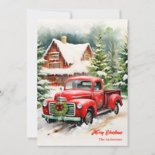 Classic red truck Christmas wreath scene Holiday Card