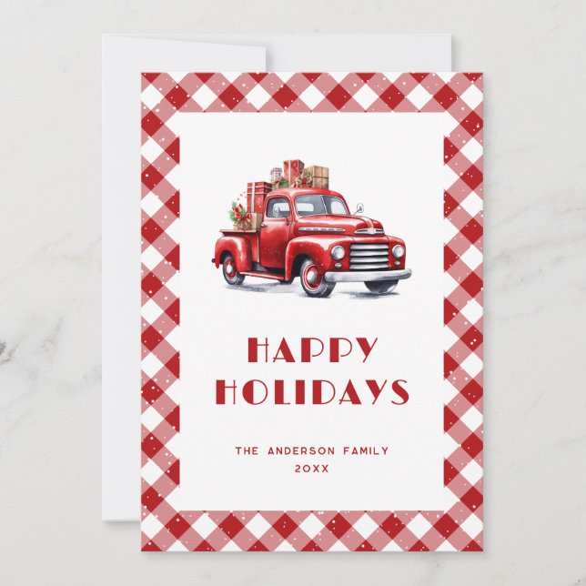 Classic Red Truck Gingham Plaid Snowy Holiday Card (Front)