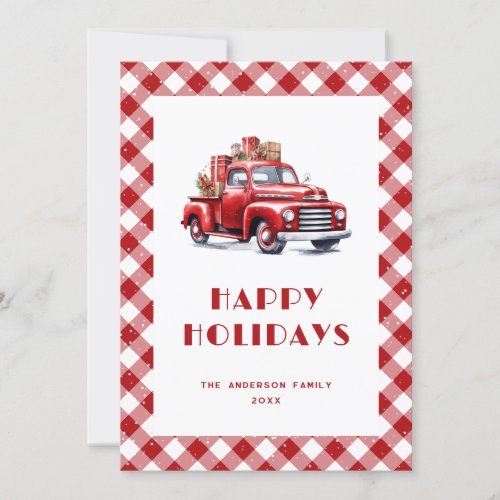 Classic Red Truck Gingham Plaid Snowy Holiday Card