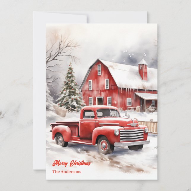 Classic red truck snowy cozy Christmas scene Holiday Card (Front)