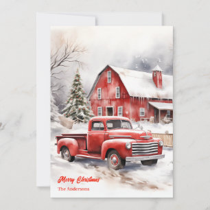 Classic red truck snowy cozy Christmas scene Holiday Card