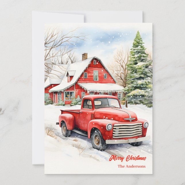 Classic red truck snowy cozy Christmas scene Holiday Card (Front)