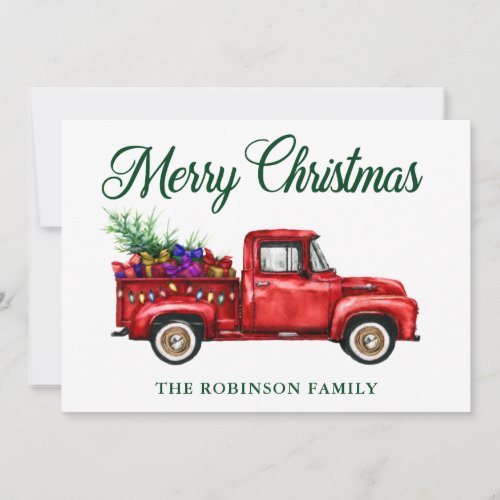 Classic Red Truck Tree Gifts Christmas Family Name Holiday Card