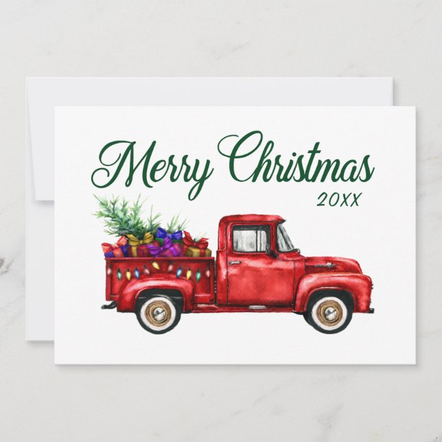 Classic Red Truck Tree Gifts Merry Christmas Year Holiday Card (Front)