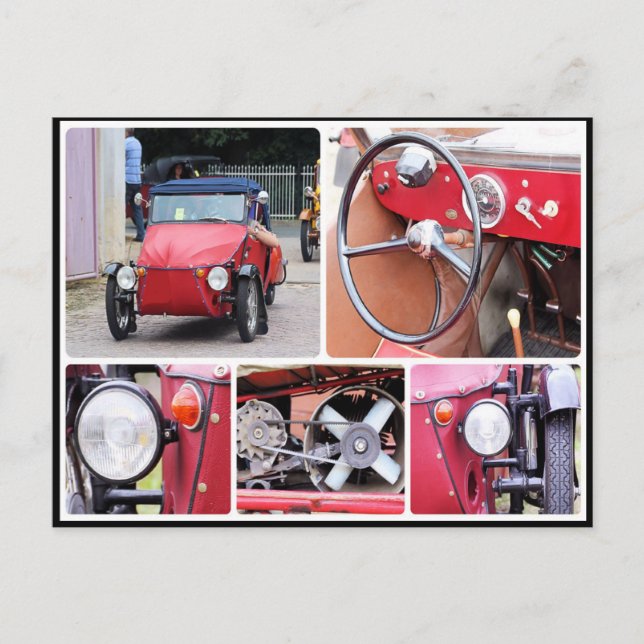 Classic red velorex tricycle car collage postcard (Front)