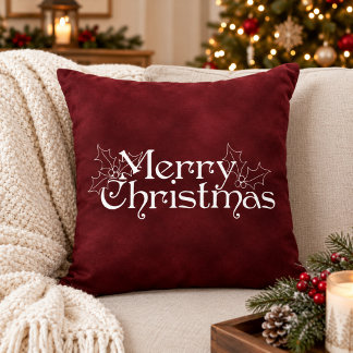 Classic Red Velvet Vintage Merry Christmas Throw Pillow