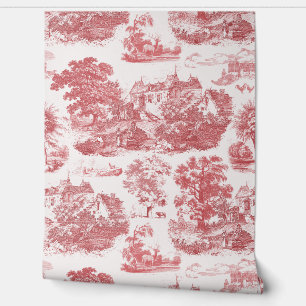 Classic Red Vintage French Chateau Toile Wallpaper