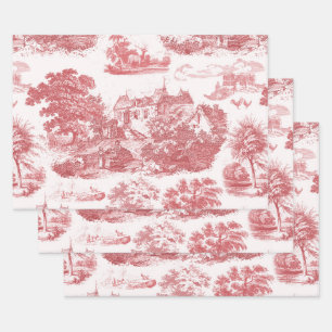 Classic Red Vintage French Chateau Toile Wrapping Paper Sheets