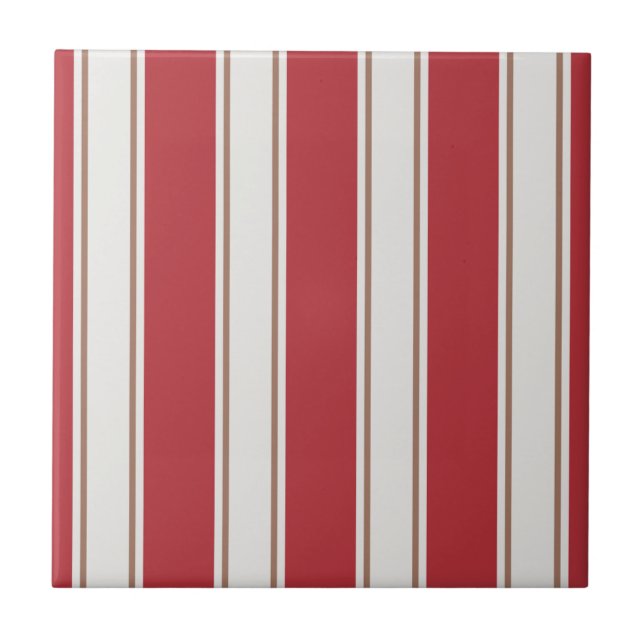 Classic Red, White and Mocha Mouse Stripes Ceramic Tile (Front)