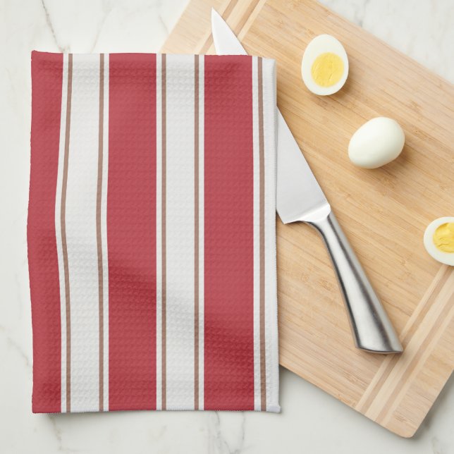 Classic Red, White and Mocha Mouse Stripes Kitchen Towel (Quarter Fold)