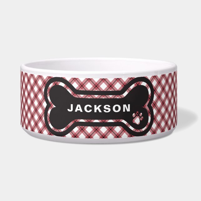 Classic Red & White Argyle Plaid Dog Bone Bowl (Front)