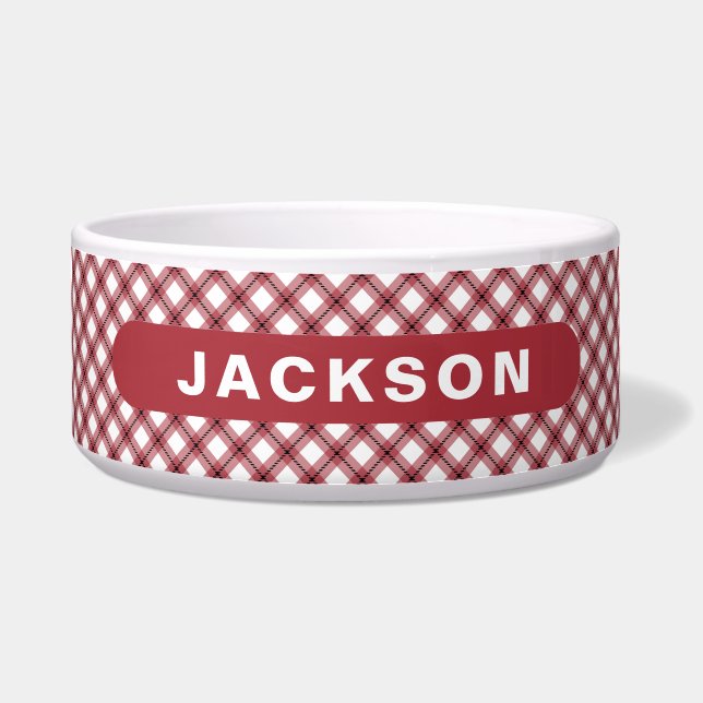 Classic Red & White Argyle Plaid Dog Name Bowl (Front)