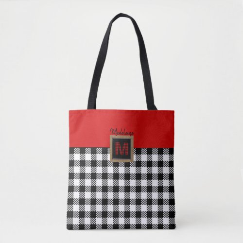 Classic Red White  Black Buffalo Plaid Monogram Tote Bag