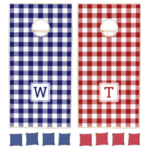 Classic Red White Blue Buffalo Check Monogram Cornhole Set