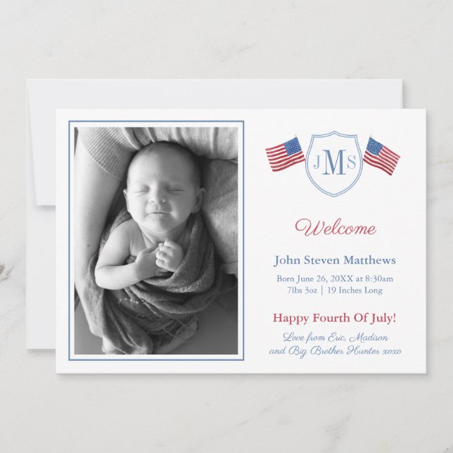 Classic Red White Blue Monogram Baby Boy Birth Announcement (Front)