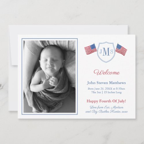 Classic Red White Blue Monogram Baby Boy Birth Announcement - ** Photo credit: Photography © Storytree Studios, Stanford, CA ** / Preppy 4th Of July photo birth announcement card design featuring USA flags with crest shape with space for a three letter monogram. The flag elements were originally handpainted by me in watercolors onto 100% cotton paper before being scanned and arranged / styled digitally (the crest shape is by another artist). The reverse side features a Greek Key pattern, created digitally by me. You can change the contrast color on the reverse (currently a mid blue) by changing the background color on the reverse (click to customize further underneath the text customisation area. This will take you into the design tool. You can also add your own horizontal photo to the reverse instead.