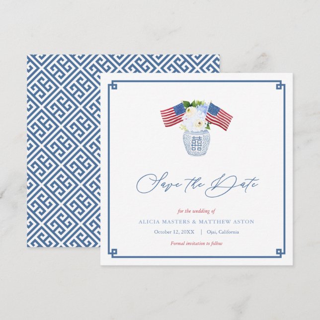 Classic Red White Blue USA Flag Ginger Jar Wedding Save The Date (Front/Back)