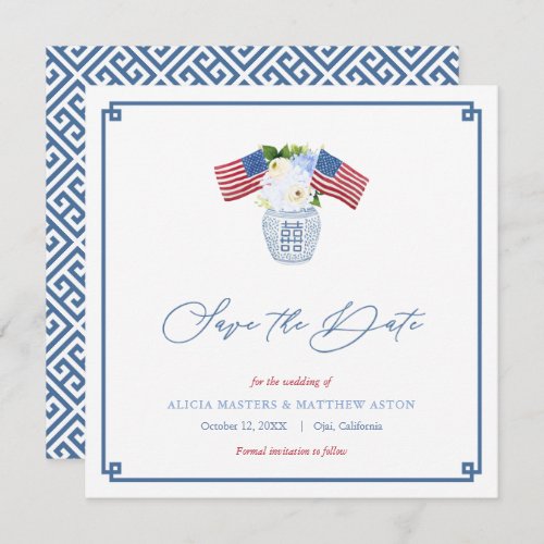 Classic Red White Blue USA Flag Ginger Jar Wedding Save The Date - A classic "Save The Date" card design featuring watercolor flags and blue white florals in a ginger jar vase with a "Greek Key" border and pattern backer. I've set the template up for a Save the Date for a wedding invitation but all of the text fields are customizable to your needs. You won't be able to edit the "Save the Date" font yourself. If you need this with other text, please send me a message. You can move, delete or add text fields by entering the design tool. You can also change the contrast color of the Greek Key border on the front and the pattern on the back (shown here as a dark blue) to any color you like by entering the design tool (underneath the text customization area, click to "customize further") then changing the background color on each side.