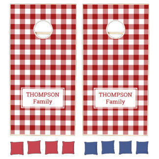 Classic Red White Buffalo Check with Family Name Cornhole Set