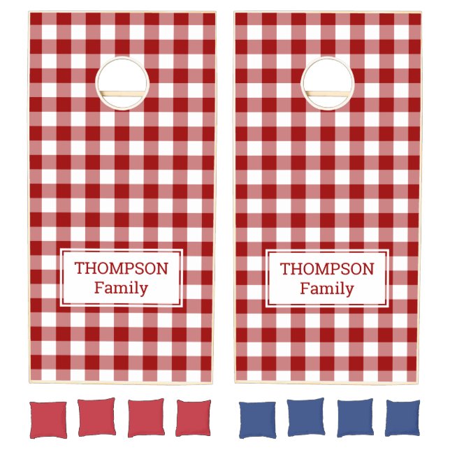Classic Red White Buffalo Check with Family Name Cornhole Set (Set)