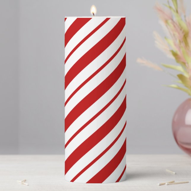 Classic Red & White Candy Cane Stripes Christmas Pillar Candle (In Situ)