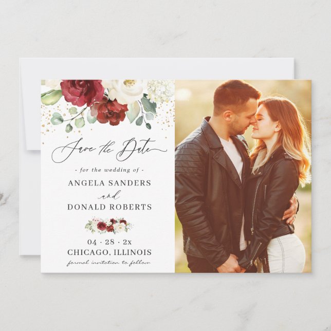 Classic Red White Floral Gold Confetti Wedding Save The Date (Front)