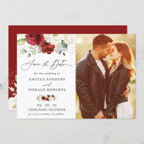 Classic Red White Floral Gold Confetti Wedding Save The Date - Classic Red White Floral Gold Confetti Wedding Save the Date Card. For further customization, please click the "customize further" link and use our design tool to modify this template.