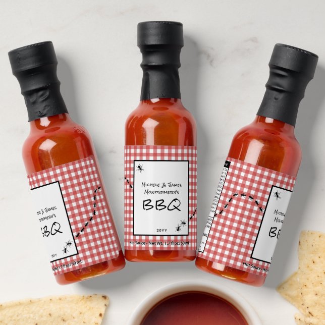 Classic Red White Gingham Ants BBQ Picnic Party Hot Sauces (Laydown)