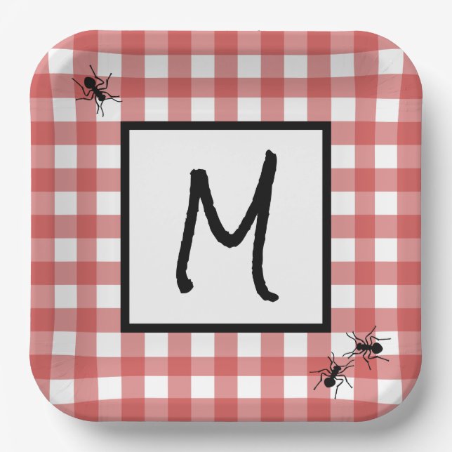 Classic Red White Gingham Ants BBQ Picnic Party Paper Plates (Front)