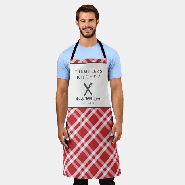 Classic Red White Gingham Plaid Personalized Apron (Worn)