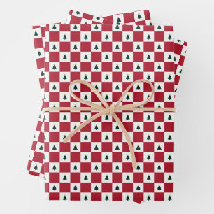 Classic Red White Green Christmas Trees with Stars Wrapping Paper Sheets