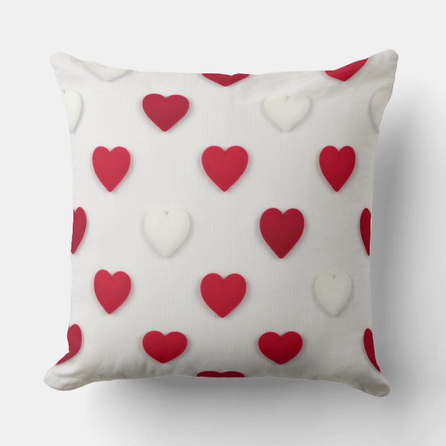 Classic Red & White Heart Pattern Cotton Throw Pillow (Front)