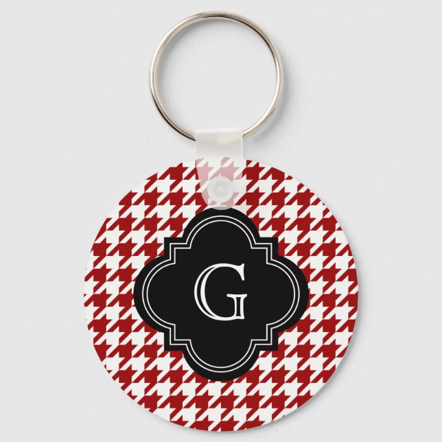 Classic Red White Houndstooth With Monogram Keychain (Front)