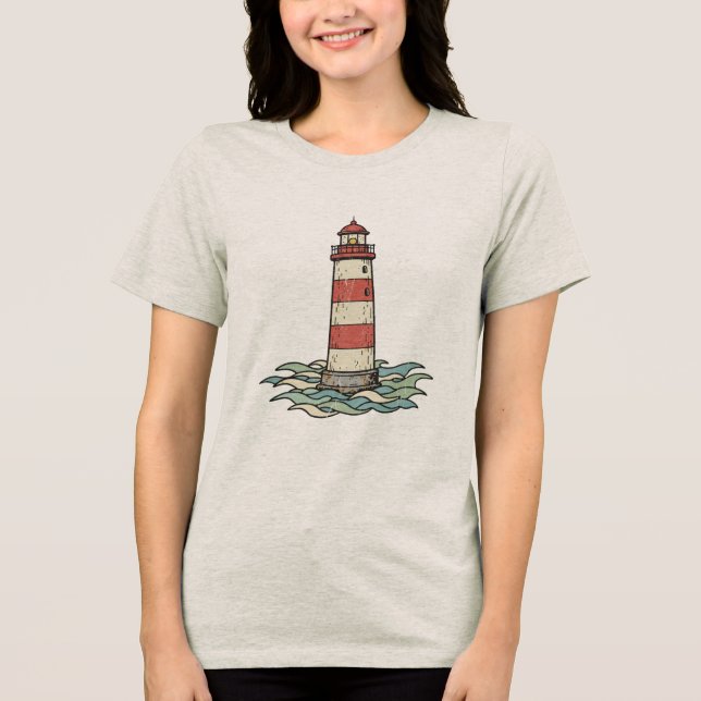 Classic Red & White Lighthouse with Ocean Waves Tri-Blend Shirt (Front)