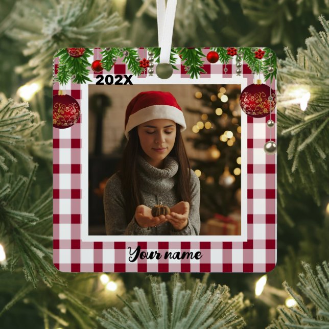 Classic Red White plaid Christmas Photo Metal Orna Ornament (Insitu)