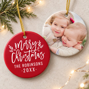 Classic Red White Script Merry Christmas Photo Ceramic Ornament